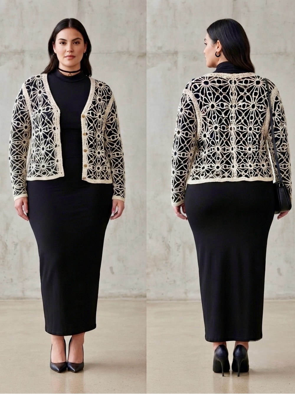 NWT Solitaire Black & Cream Floral Crochet Button-Down Cardigan Boho L